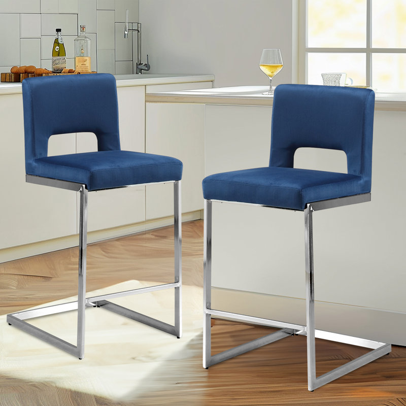 26” Velvet Upholstered Counter Height Bar Stool, Blue, 2