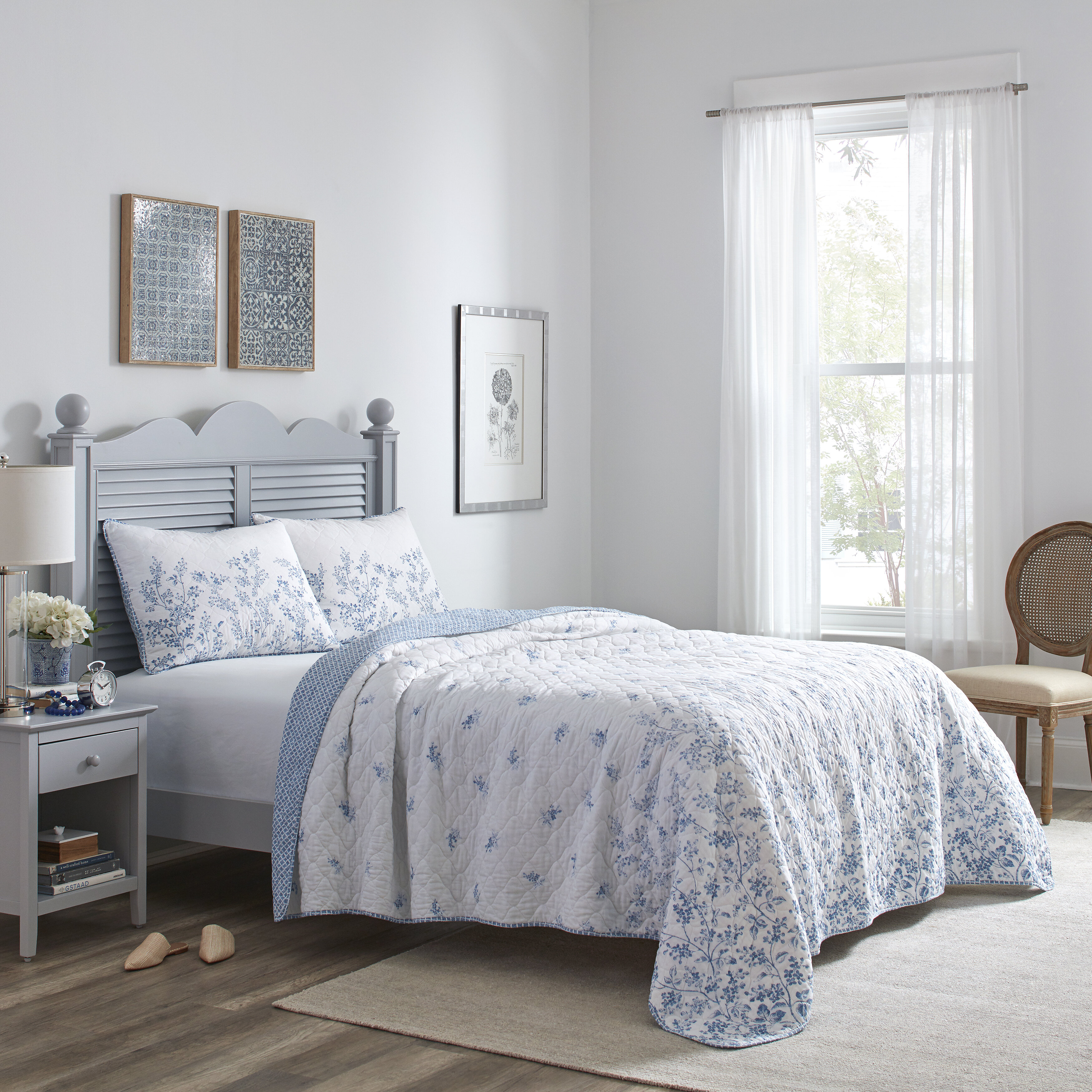 Laura Ashley Floral Blue/White 100% Cotton Reversible Quilt Set & Reviews
