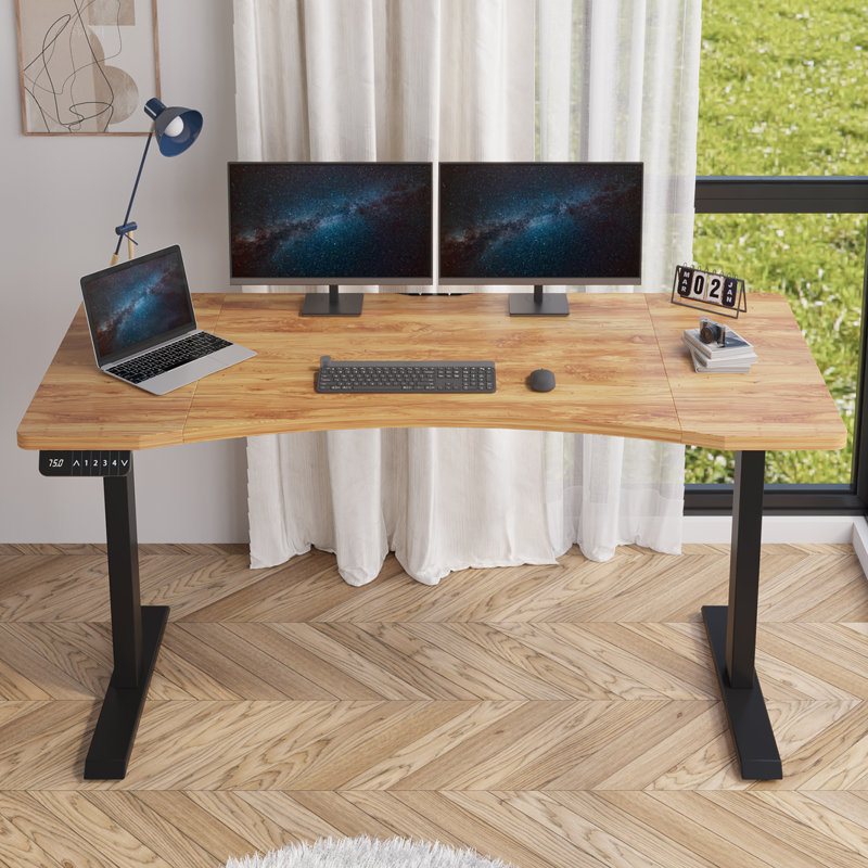 Latysha Dual Motor Electric Height Adjustable Curved Standing Desk, Oak/White, 45" H x 63" W x 30" D