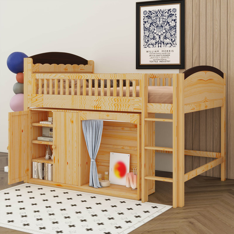Lit mezzanine simple avec armoire de rangement, structure de lit mezzanine en bois avec garde-robe et DEL, Lit simple, Bois