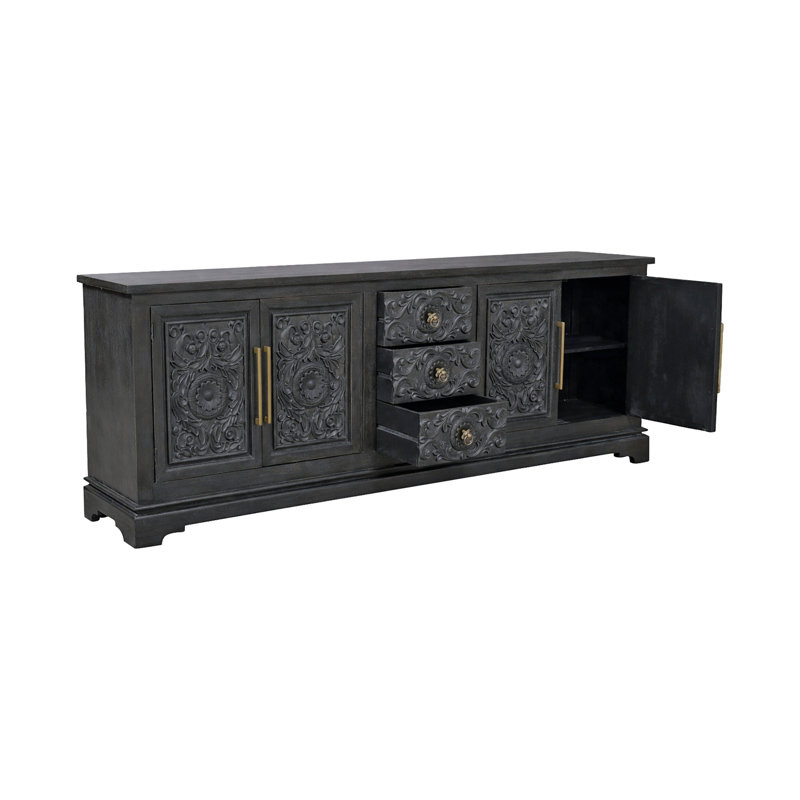 3-drawer 4-door Carved Solid Wood Sideboard, Black