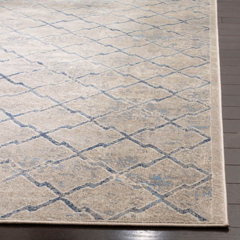 Cambrai Geometric Light Gray/Dark Blue Area Rug, Runner 2' x 12'