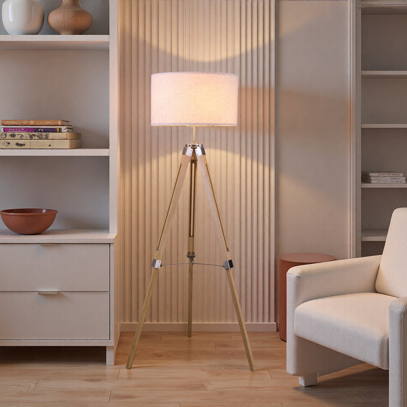 58 In. White Solid Wood Tripod Floor Lamp With White Linen Drum Shade (bulb Not Included)