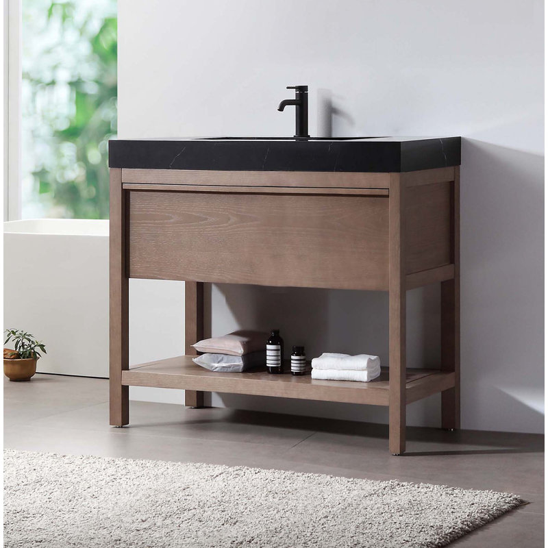 Meuble-lavabo double 36 po avec plateau en quartz Ariane, Chêne châtaigner