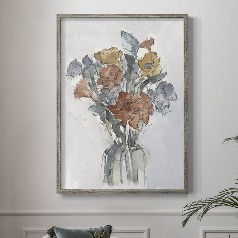 Aquarelle arrangement floral I, reproduction encadrée - bois massif, H 11 po x l 9 po