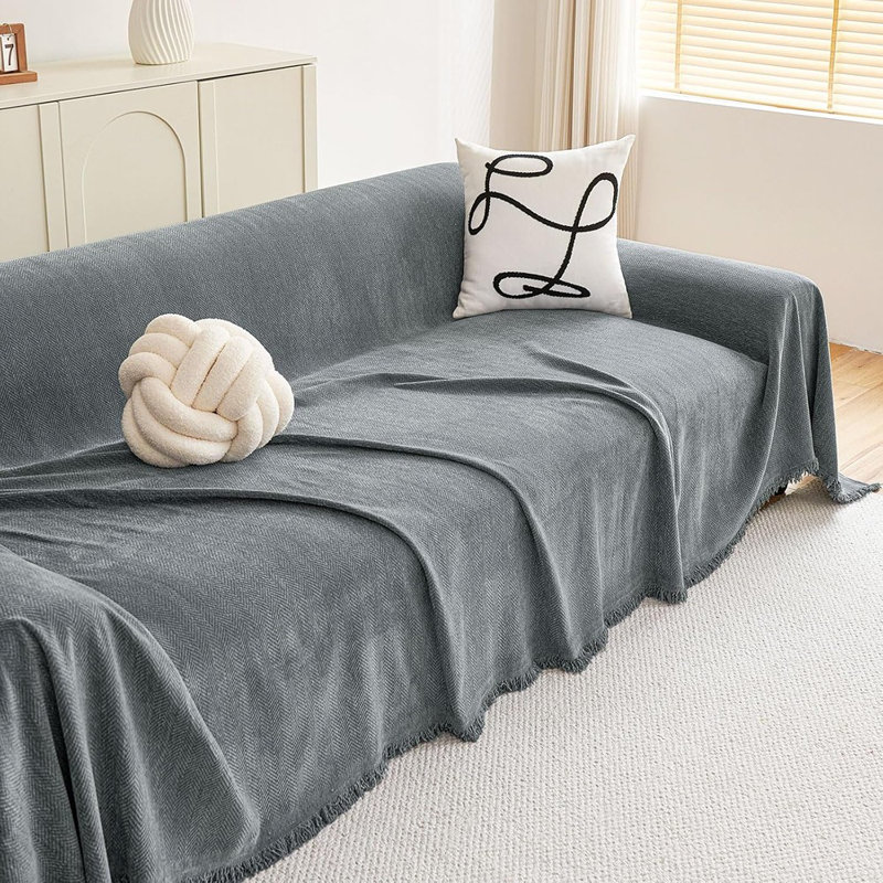 Housse de canapé en chenille Boho - Gris - Jeté de canapé doux et lavable avec pampilles pour canapés à 3 coussins, causeuses et canapés modulaires, conception adaptée aux animaux de compagnie