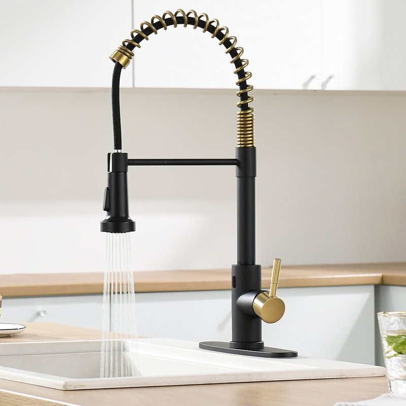 Robinet de cuisine sans contact avec douchette rétractable - Mains automatiques Smart, noir et or, contemporain, acier inoxydable, remplissage en céramique Smart Touchless