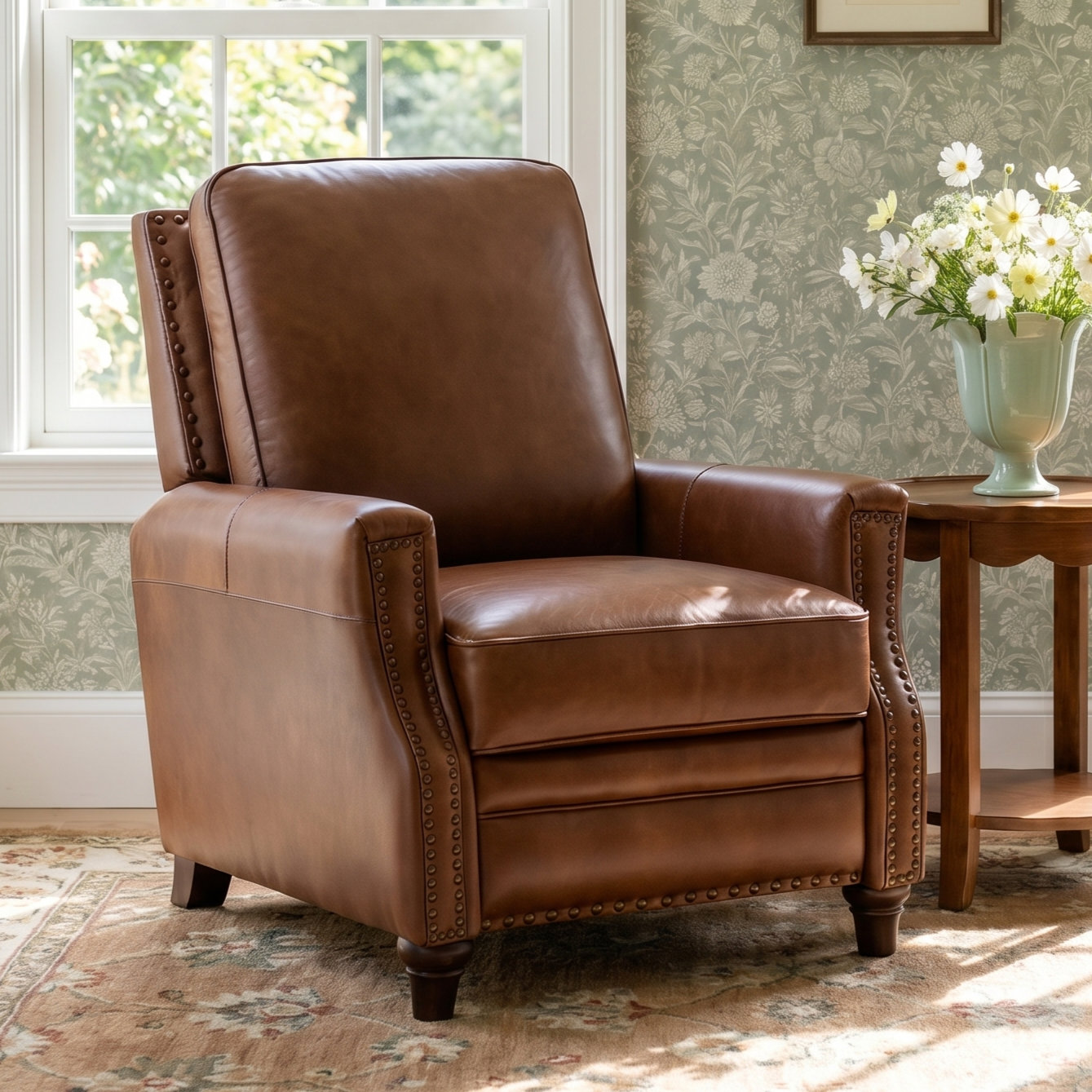 Andrena 33" Genuine Leather Manual Recliner, Saddle Genuine Leather