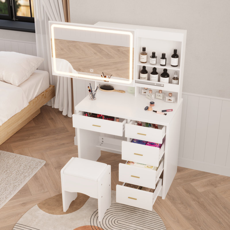 Mickyla Vanity Desk With Lights Mirror & Stool, White