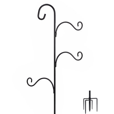 92" Outdoor Shepherds Hook Stand, 4-Hook Heavy-Duty Metal Bird Feeder Pole with 5-Prong Ground Stake, Adjustable Hanging Plant Holder for Garden, Patio, Lawn, Lanterns, Flower Baskets, Black