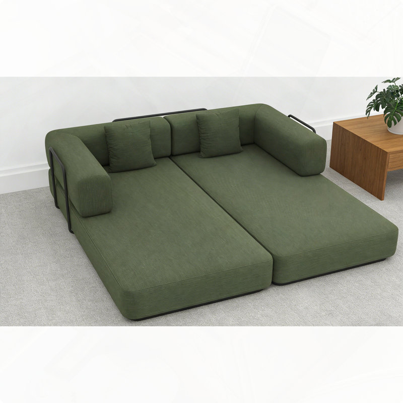 Convertible Sleeper Sofa Bed with Cylindrical Pillow and Fixed-Shape Frame for Multi-Functional Living Spaces., Green