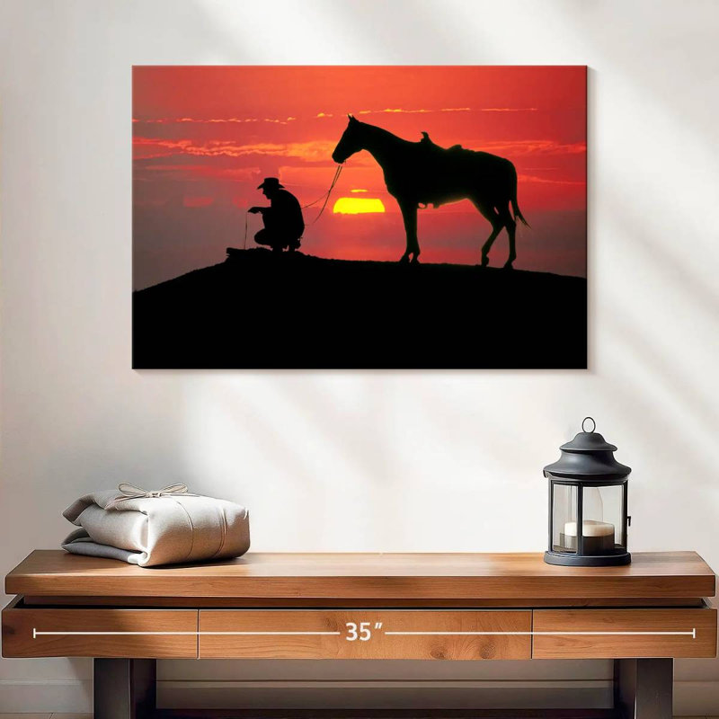 Cowboy du Texas au coucher du soleil, H 16 po x l 24 po