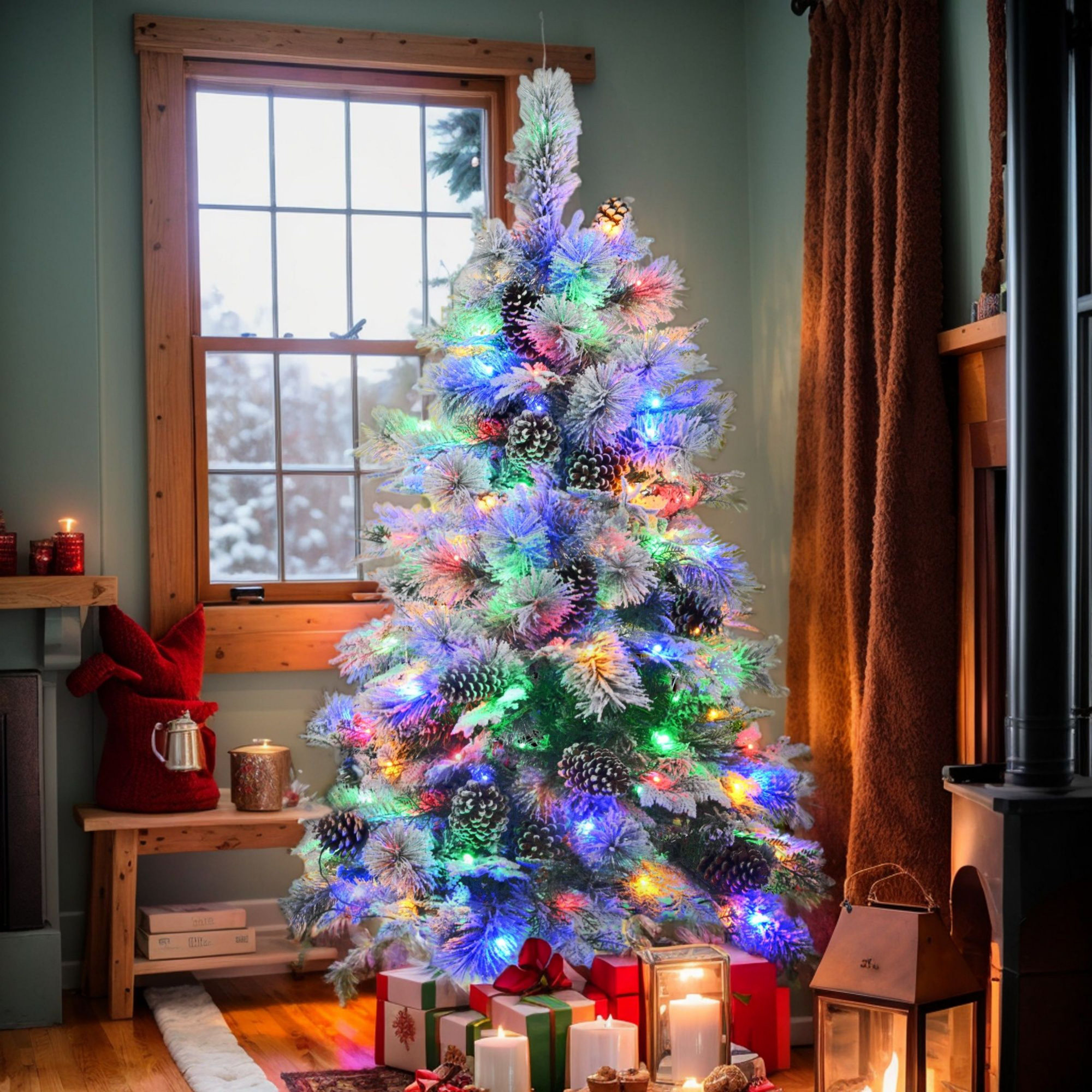 4FT Pre-Lit Snow Flocked Artificial Christmas Tree With Pine Cones - 170 Branch Tips Mixed PE & PVC, 120 Multi-Color LED Lights In 11 Flashing Modes, Perfect For Holiday Décor