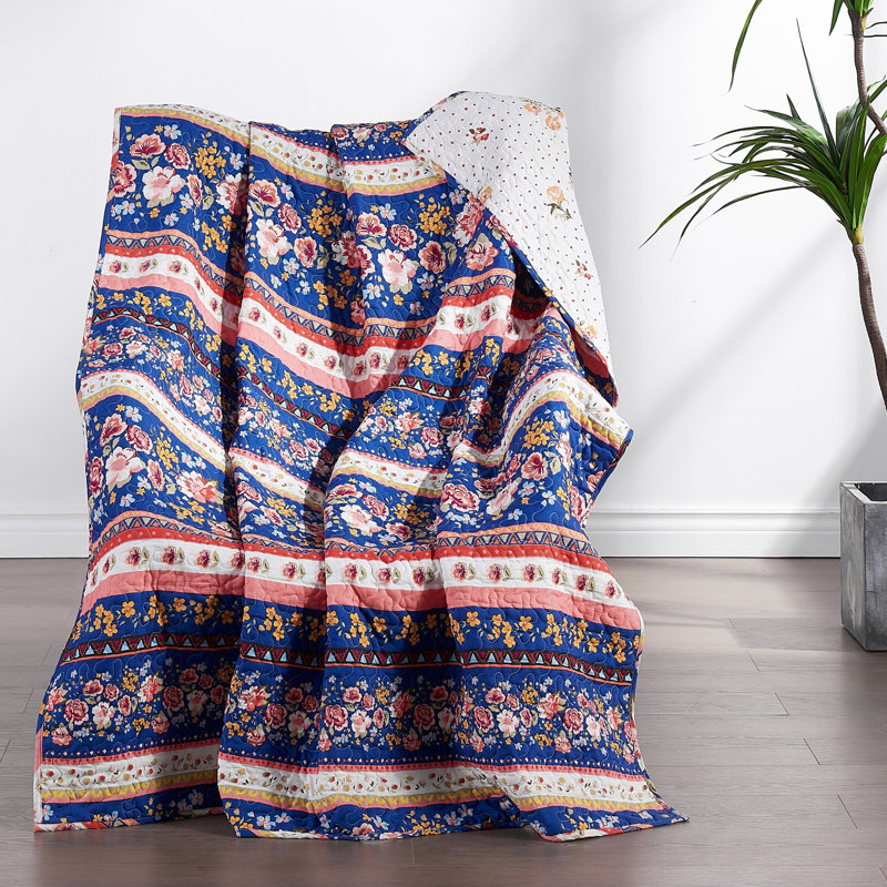 Marsha Blue and Pink Floral Reversible Throw Blanket