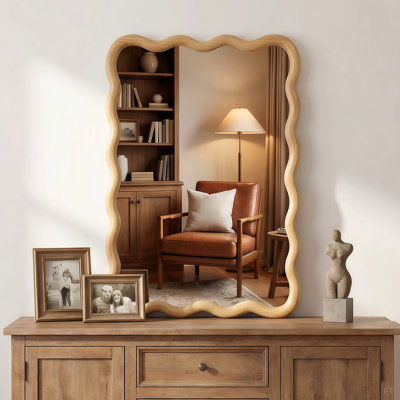 Miroir décoratif rectangulaire en bois massif ondulé de couleur chêne de 20 po x 30 po pour chambre à coucher, salle de bain, salon et entrée
