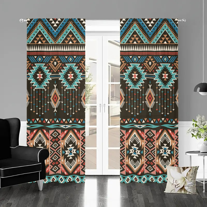 2Pcs Southwestern Tribal Print Curtains Rod Pocket Mount Digital Printing Curtain Polyester Material Bohemian Aztec Pattern Window Drapery Navajo Design For Living Room Bedroom Kitchen Dining Home Decor
