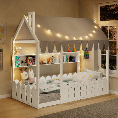 Lit simple pour enfants Montessori, lit sur pied avec garde-corps, tente, lumières et 3 tablettes de rangement, blanc, L 77,8 po x l 41,3 po x H 67,1 po, 1 pièce