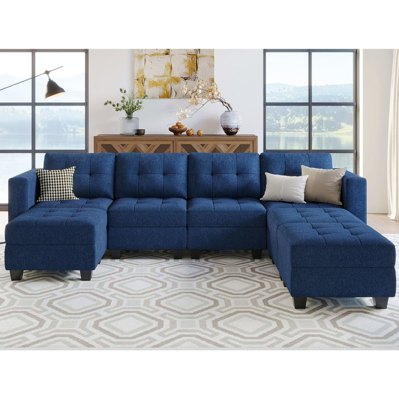 Canapé de rangement Ashbury Hunsicker de 116,4 po de large avec méridienne et canapé modulaire, Polyester bleu