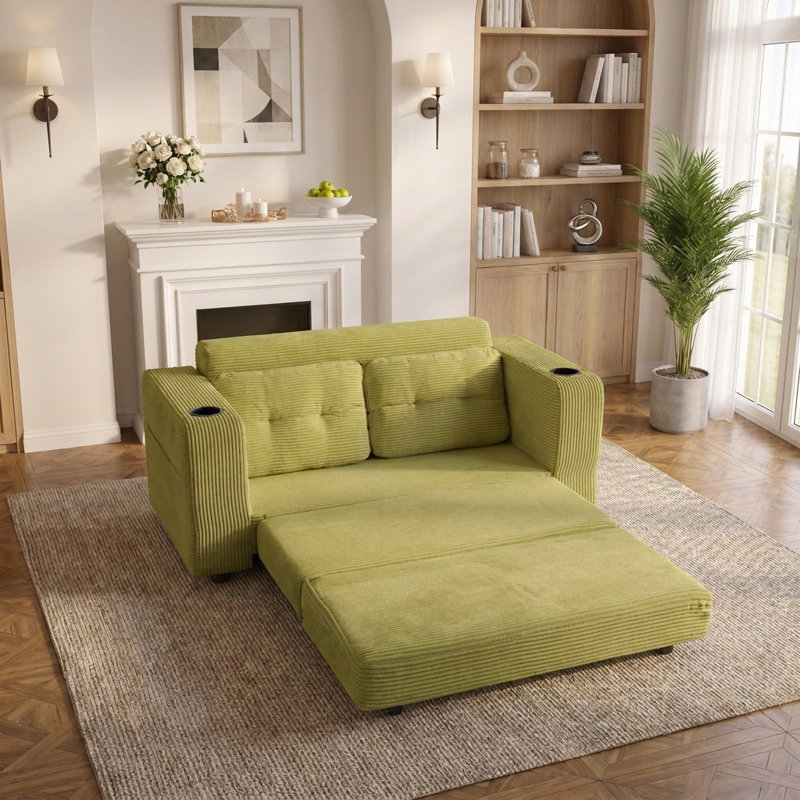 Canapé-lit convertible 2-en-1 Retro avec porte-gobelets et rangement, canapé de plancher extensible, Olive