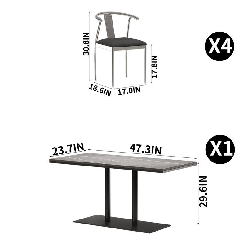 Ensemble de table de salle à manger et chaises de style industriel 23,7 L, H 29,6 po x L 47,3 po x l 23,7 po