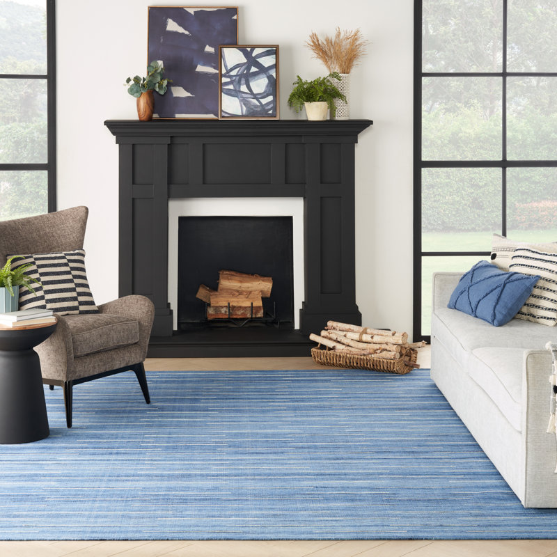 Tapis bleu denim en laine et coton tissé à la main Anerinda, Rectangle 9 pi x 12 pi