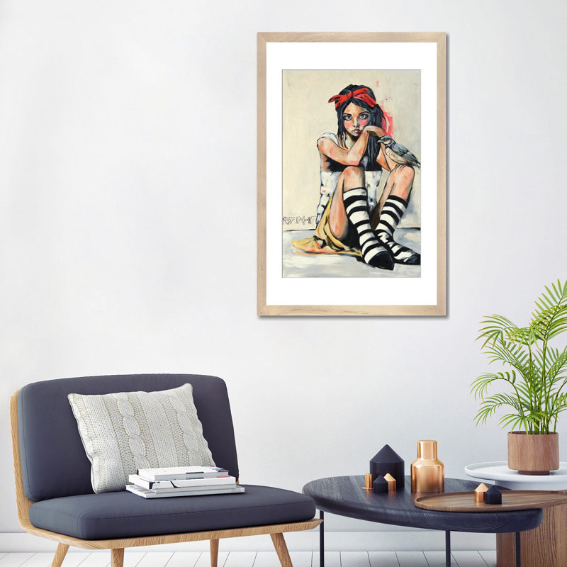 Chant d'oiseau et rayures - RAZ390, H 32 po x l 24 po, Beige, Papier à cadre ouvert avec passe-partout