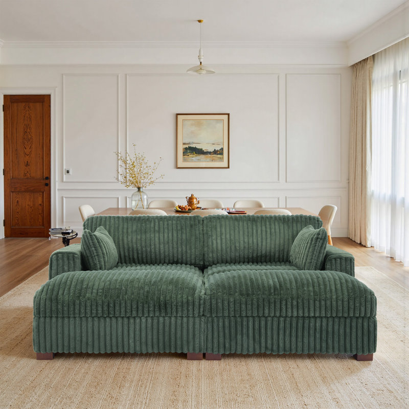 Helton Oversized Upholstered Green Faux Rabbit Fur Flannel Sleeper Sofa Bed Lounge sofa with Armrests & Throw Pillows, Green