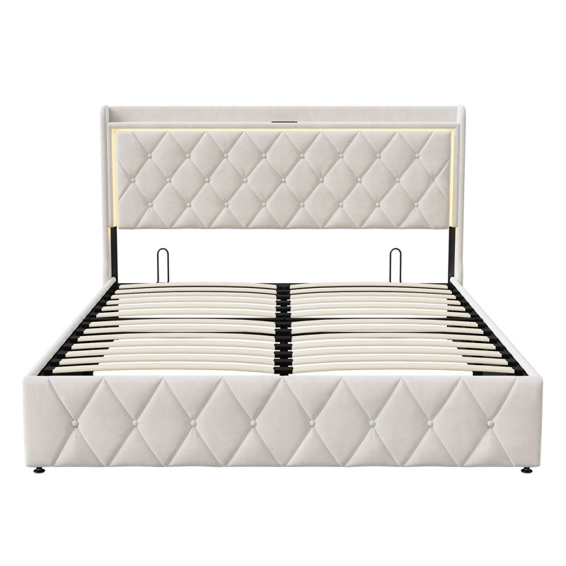 EU & UK Sizes Velvet Ottoman Bed With LED Storage Headboard, Upholstered Bed Frame With Charging Port, Beige