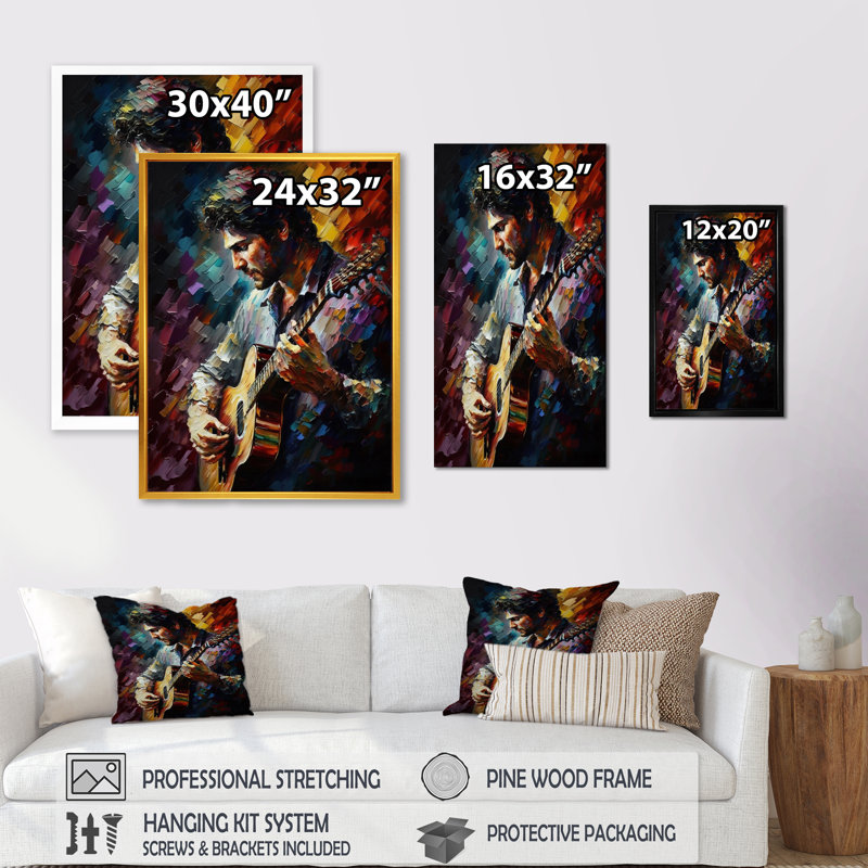 Joueur de guitare I - reproduction sur toile, L 24 po x H 32 po, Impression dorée sur toile encadrée