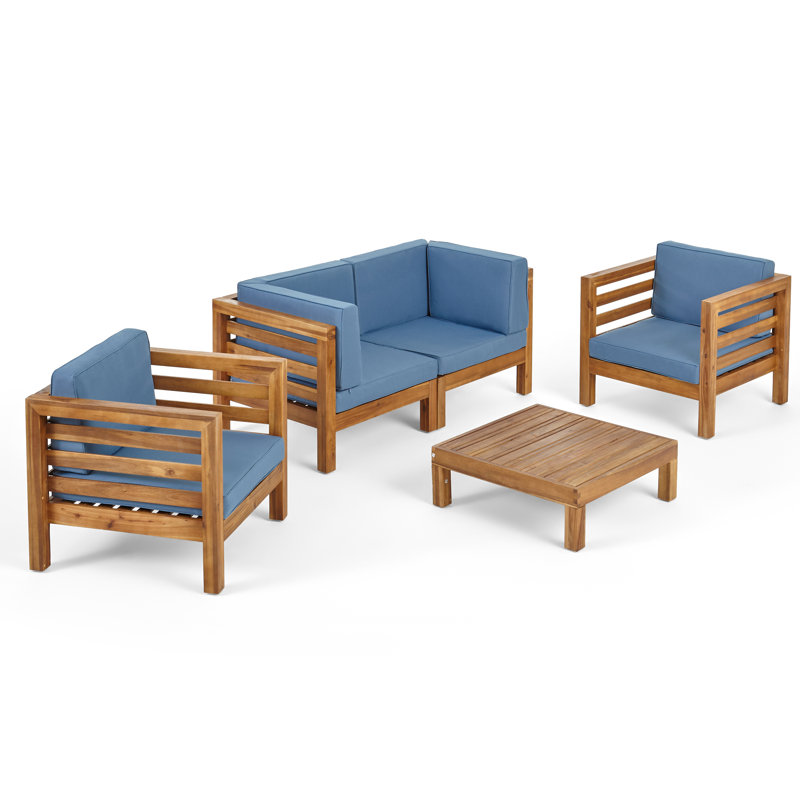 Maher Acacia Wood Patio Conversation Set with Cushions, Blue