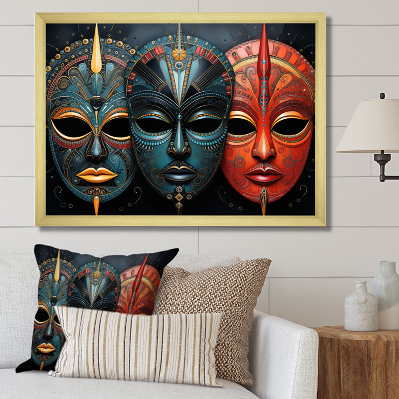 Red African Masks III - Masque africain, art mural, H 24 po x l 32 po, Cadre photo unique, Doré