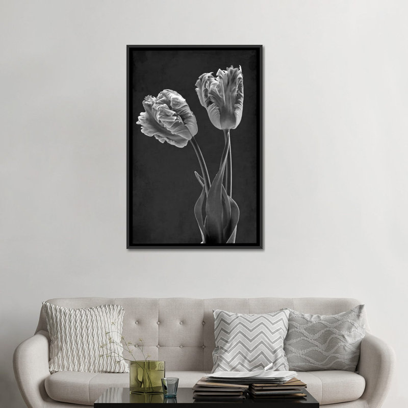 Perroquet de tulipes mono à l’impression sur toile, H 26 po x l 18 po x P 1,5 po, Toile avec cadre noir, Pas de tapis