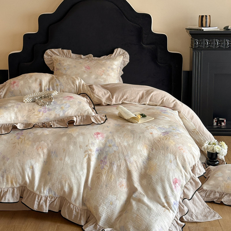Floral Double-Layer Crinkle Cotton Duvet Cover Set, King Duvet Cover + 2 Pillowcases, Beige/Brown