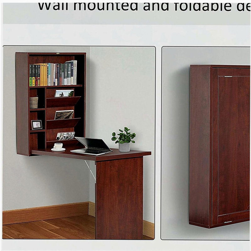 Bureau mural, bureau convertible escamotable, bureau flottant multifonctionnel avec tablettes pour bureau personnel, Brun