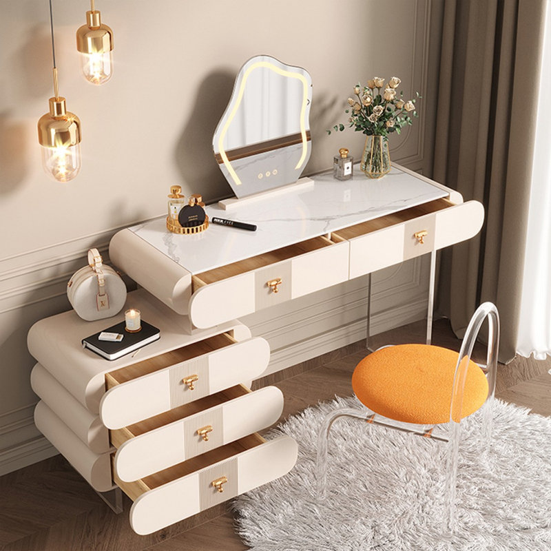Coiffeuse de maquillage avec miroir lumineux, 5 tiroirs, prise de courant
