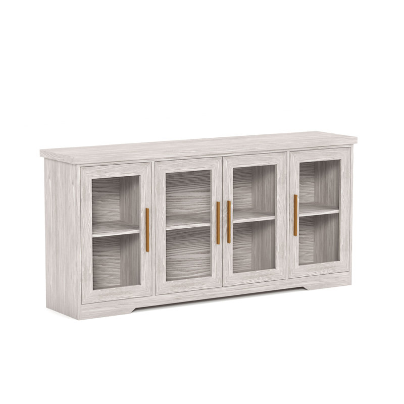 66" W Modern Sideboard Buffet Cabinet with Glass Doors & Adjustable Shelves, Gray