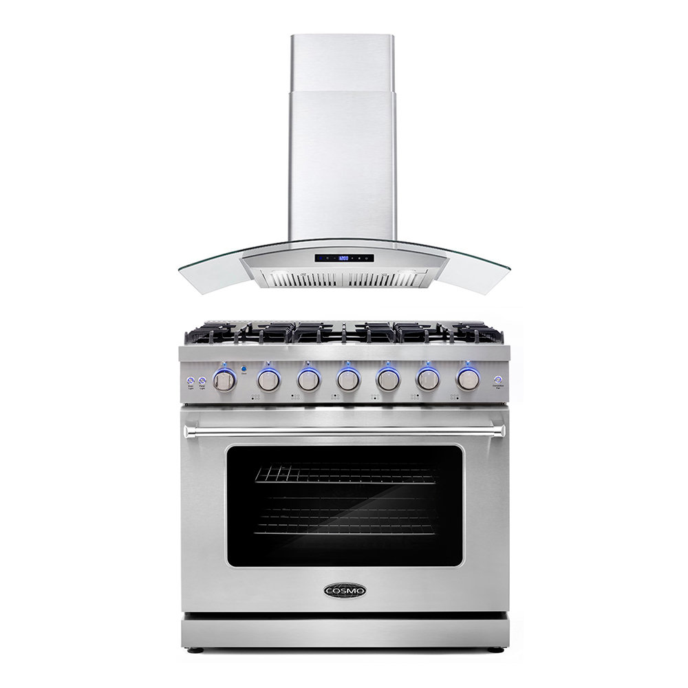 Cosmo 2 Piece Kitchen Appliance Package with 36'' Gas Freestanding Range , and Wall Mount Range Hood Cosmo