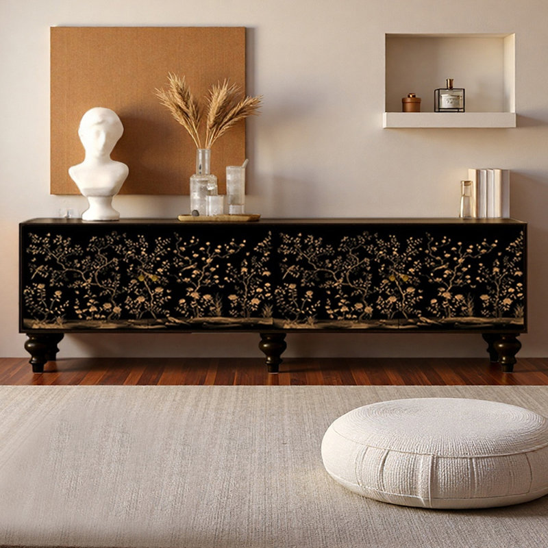 Pine Wood TV Stand with Printed Panels, 21.65''H x 86.61''L x 15.75''W