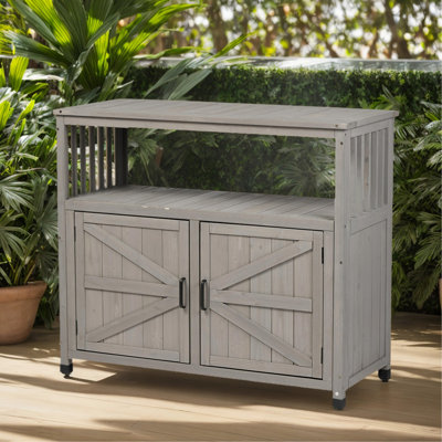 Wooden Patio Bar Table Set With Storage, Buffet Cabinet Sideboard For Outdoor And Indoor