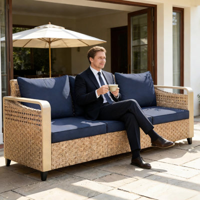 Canapé d'extérieur pour terrasse avec sièges spacieux de 70,9 po, 2,8 po, brun classique, coussins verticaux en coton bleu foncé, structure thermolaquée, capacité de 792 lb, housse à fermeture à glissière 3,1 po, siège en métal Pe