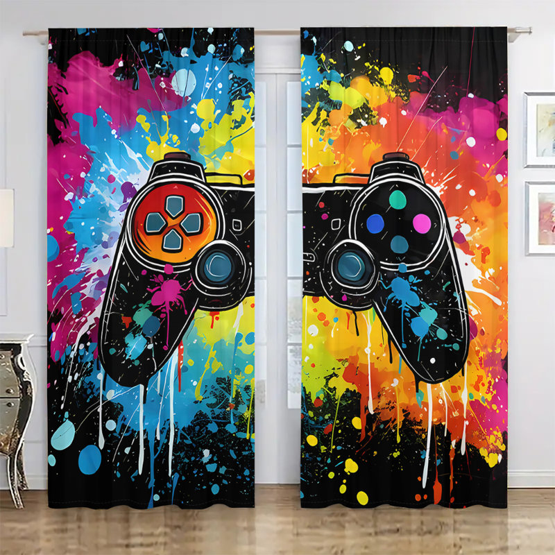 2Pcs Gamer Room Curtains Game Controller Splash Colorful Paint Art Design Rod Pocket Window Panels Blackout Drapes Gaming Theme Decor For Boys Bedroom Living Home
