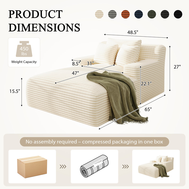 Latitude Run® No Assembly Required 64''D Corduroy Indoor Chaise Lounge Chair Upholstered Modern Glauser Oversized Compression Sleeper Boneless Sofa In A Box