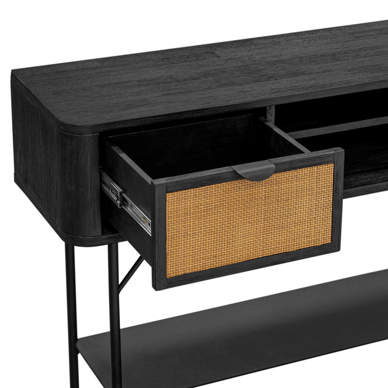 Console Rutherfordton Mid-Century de 47 po de largeur avec 2 tiroirs en acacia noir et rotin