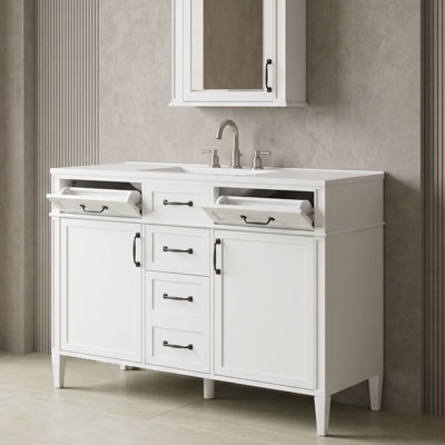 Armoire de meuble-lavabo 48 po avec lavabo, tablettes réglables, 4 tiroirs et 2 portes à fermeture en douceur