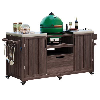 K&k 66.5" outdoor kitchen island for big green egg grills, solid wood cart with stainless steel top, drawer, dark brown