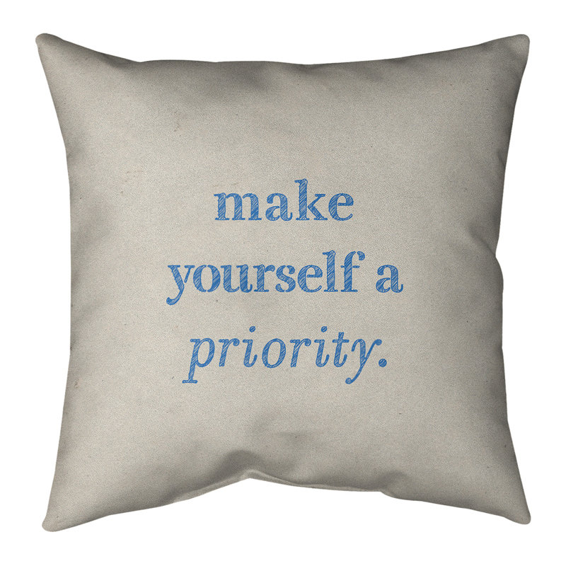 Coussin décoratif intérieur/extérieur self love, 18 po x 18 po, Blanc et bleu