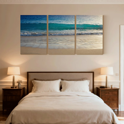Plage, océan, vagues, plage, sable, coucher de soleil, ciel, horizon, eau, ensemble de 3 impressions sur toile