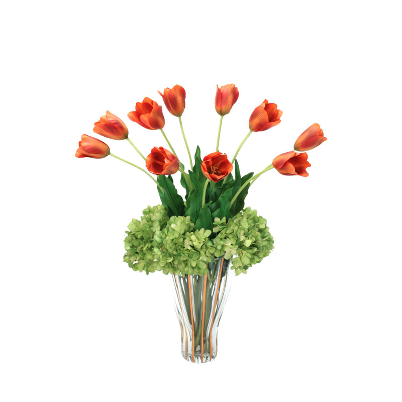 Centre de table tulipe et hortensia en pot de fleurs, Rouge / vert