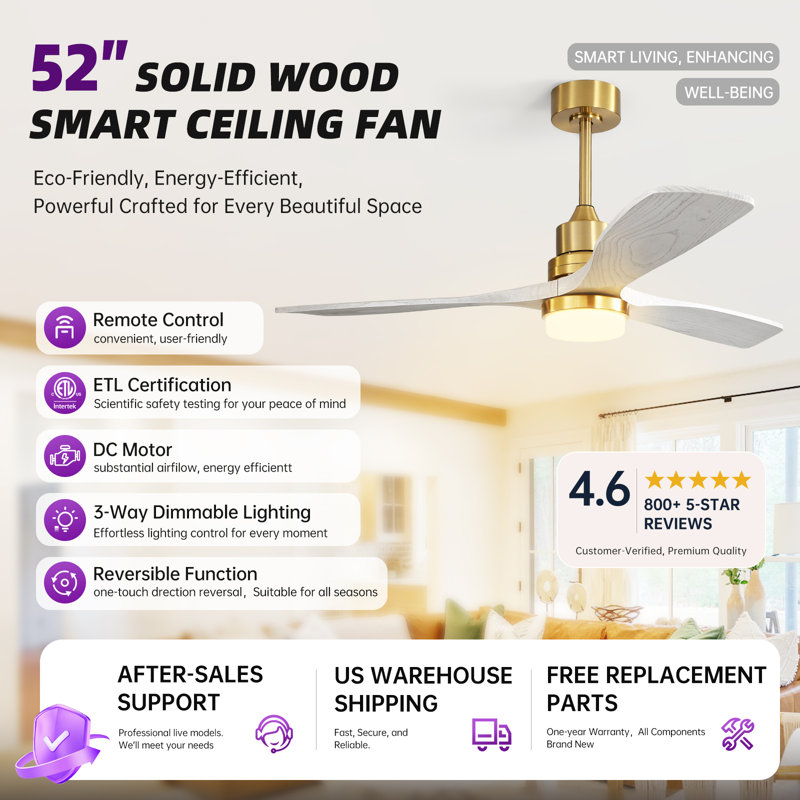 Kemp 52" W LED Standard Ceiling Fan, Polished Brass with Light Gray Blades
