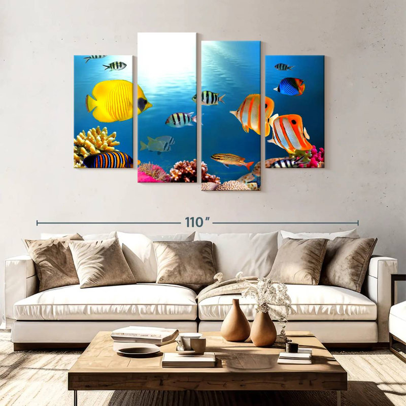 Poissons tropicaux et coraux, H 54 po x l 84 po